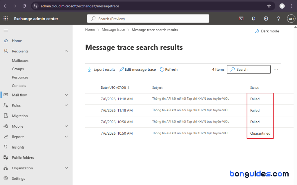 Message Trace result: all emails from the partner show Failed or Quarantined status and do not reach the mailbox