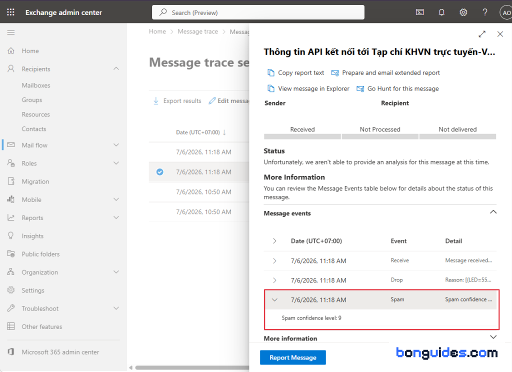 Message events details show the email was assigned Spam confidence level 9