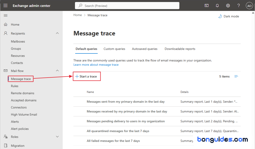 Open Message trace in Exchange admin center via Mail flow, then Message trace