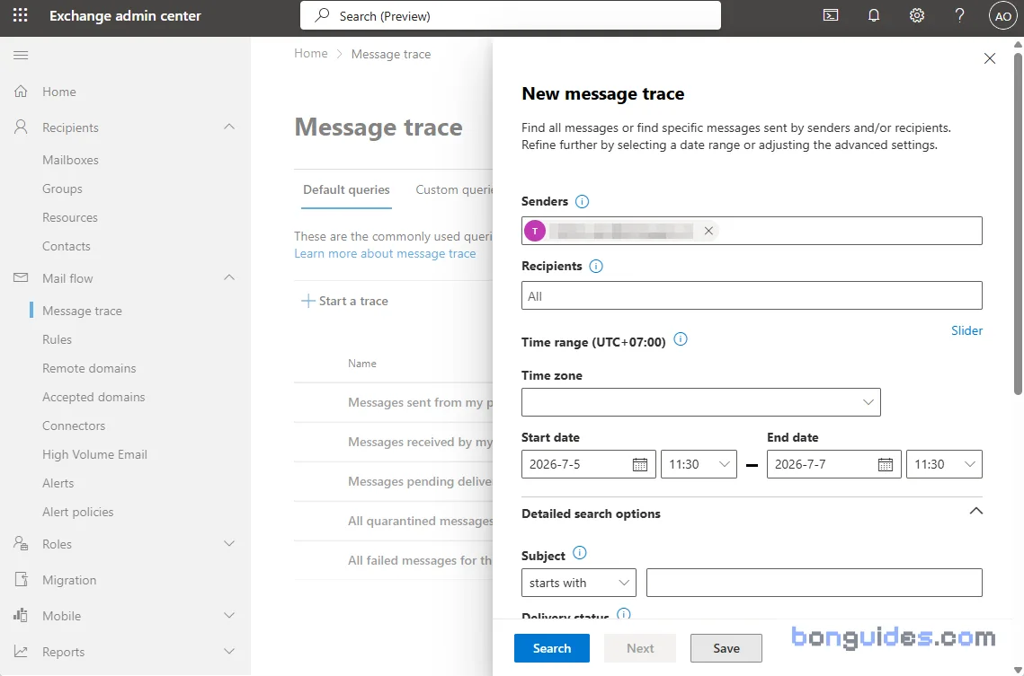 Set Message trace conditions: select the sender and time range, then click Search