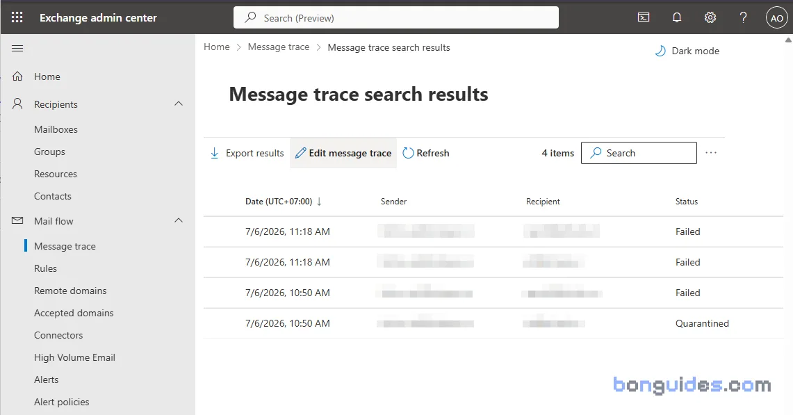 Message Trace results display the email to inspect