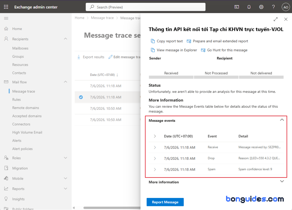 Message events table: Receive, Drop with Reason LED=550, and Spam confidence level 9