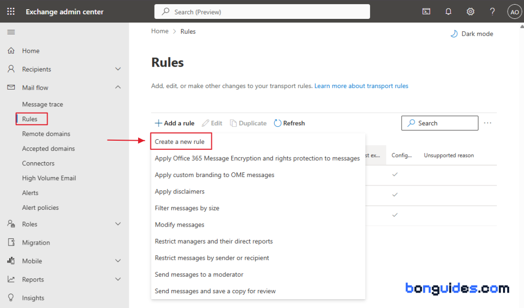 Create a new transport rule: Mail flow, Rules, Add a rule, Create a new rule