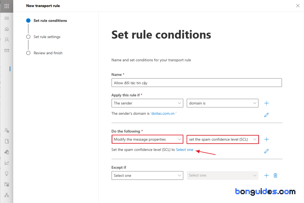 Do the following: Modify the message properties, then Set the spam confidence level (SCL)