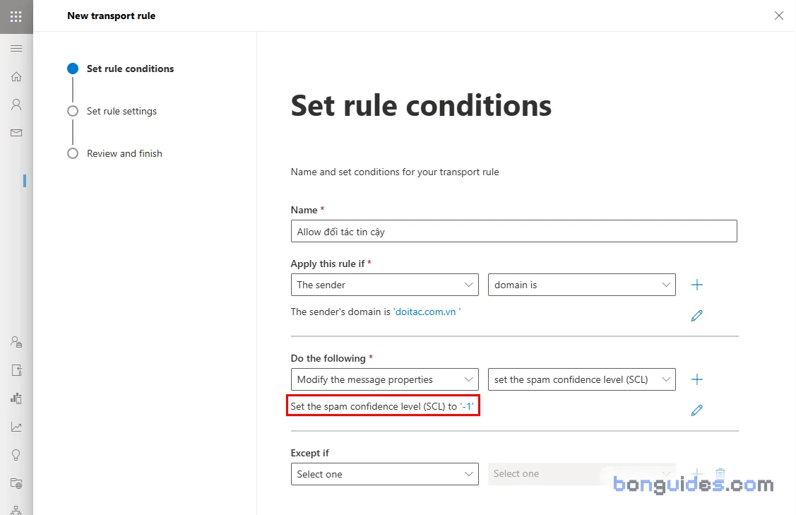 Review and save the transport rule at the Review and finish step