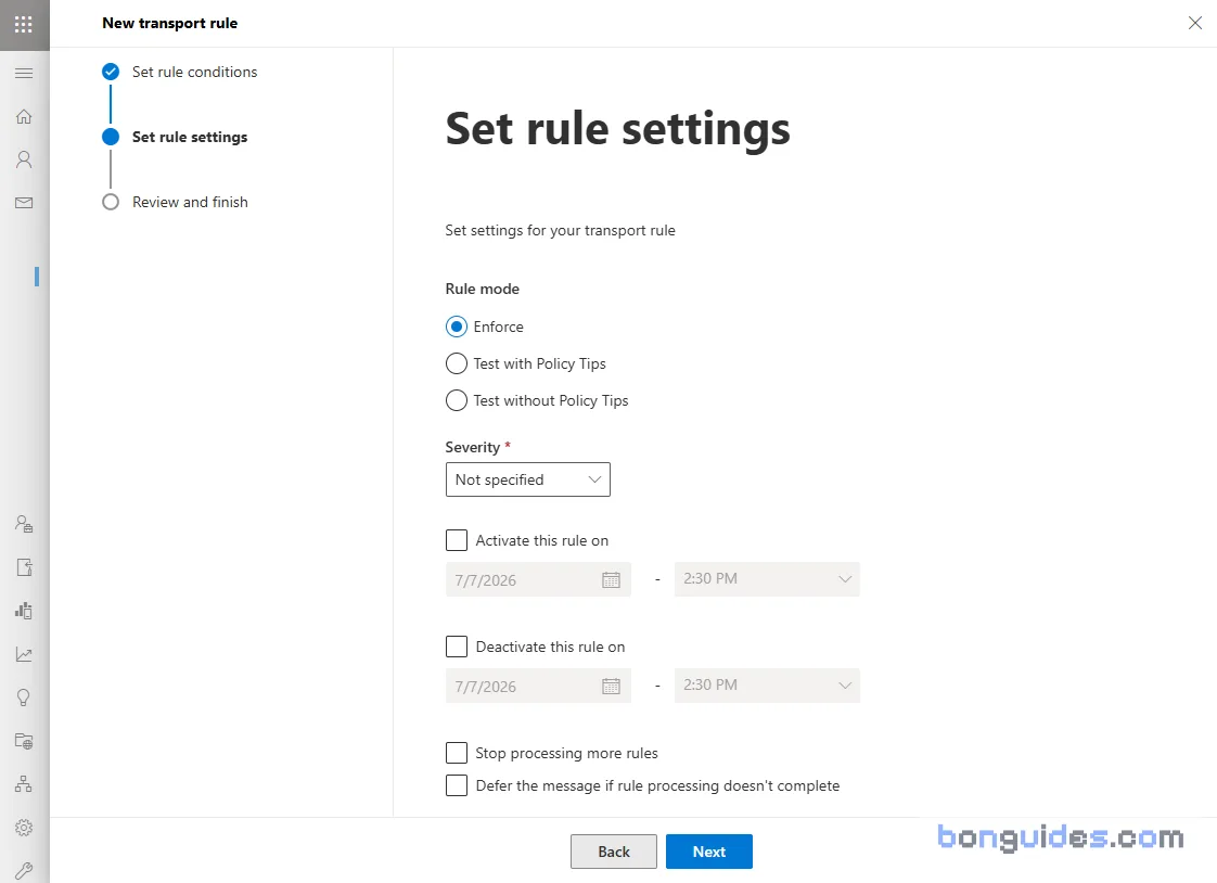 The newly created transport rule appears in the Rules list