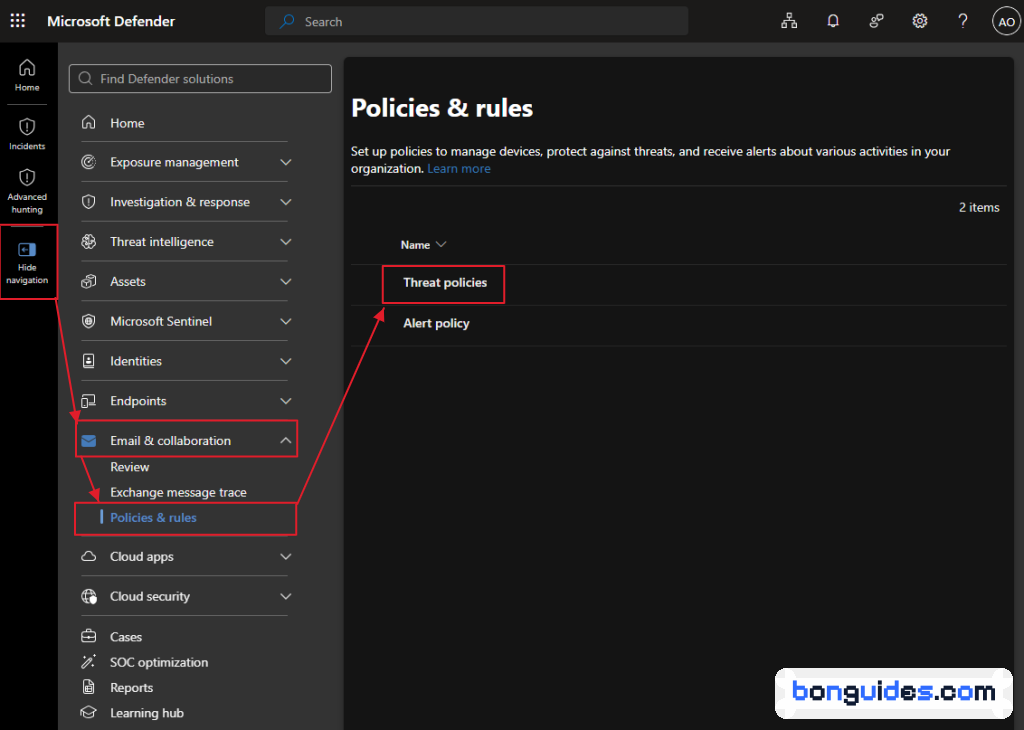 Open Anti-spam policies in Microsoft Defender: Email & collaboration, Policies & rules, Threat policies