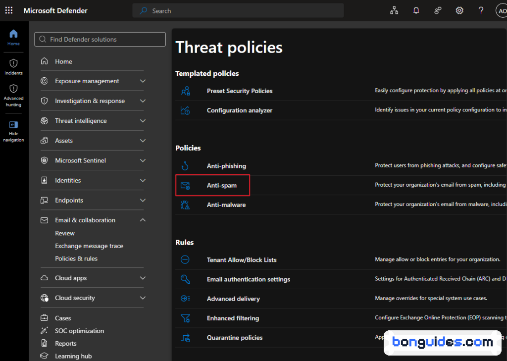 List of Anti-spam inbound policies in Microsoft Defender