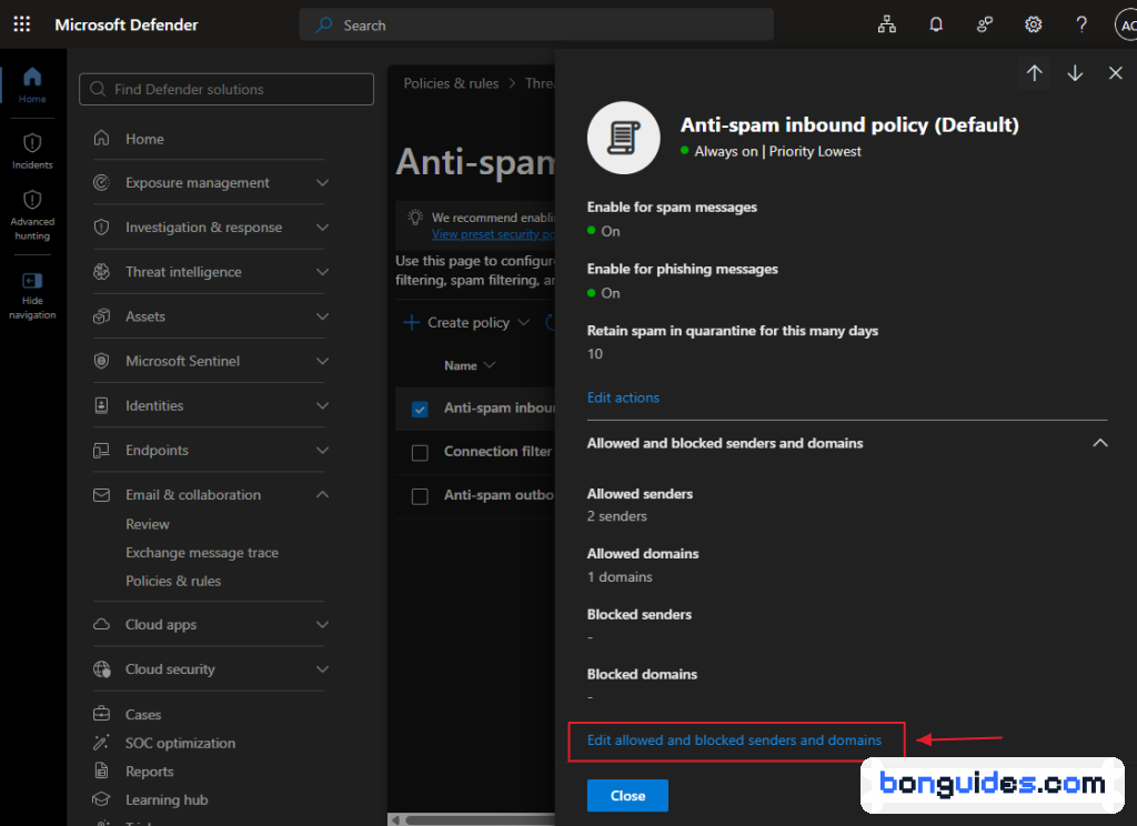 Allowed senders and Allowed domains section in the Anti-spam policy
