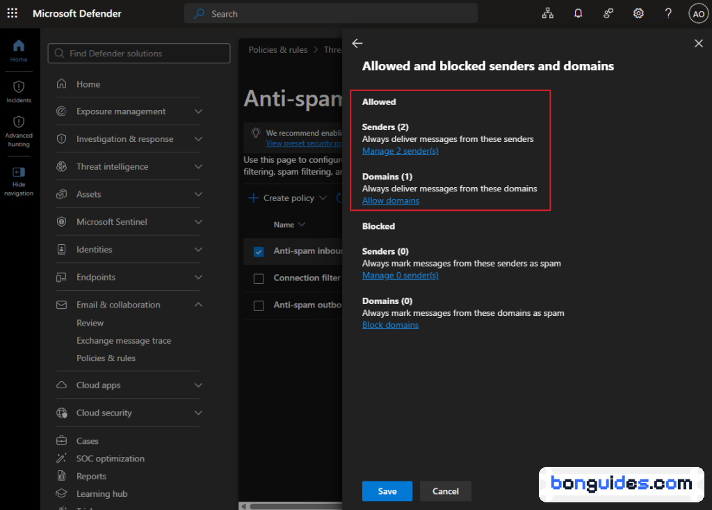 Allowed and blocked senders and domains panel for adding a sender or domain to the allow list