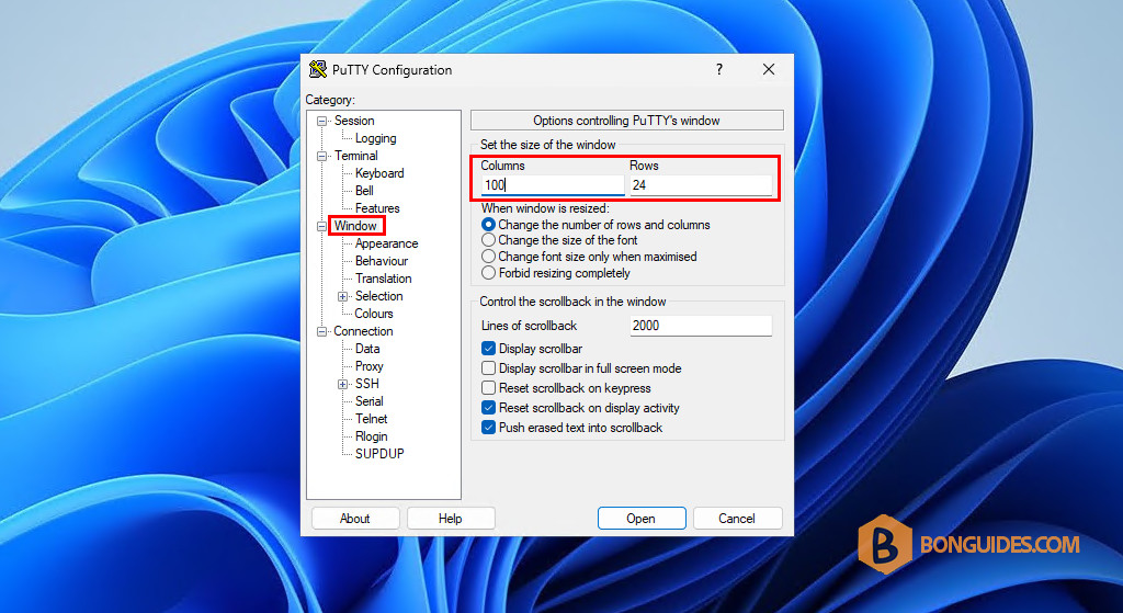 How to Set the PuTTY Window Size to Open Bigger Than the Default