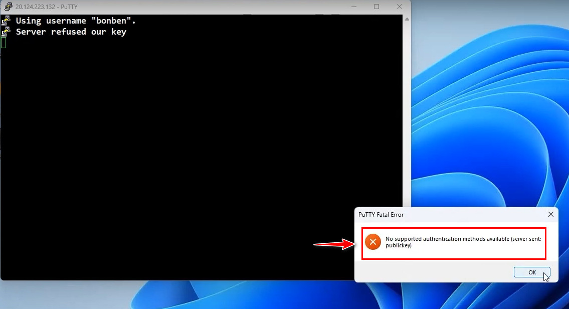 PuTTY Fatal Error No Supported Authentication methods available (server sent: publickey)