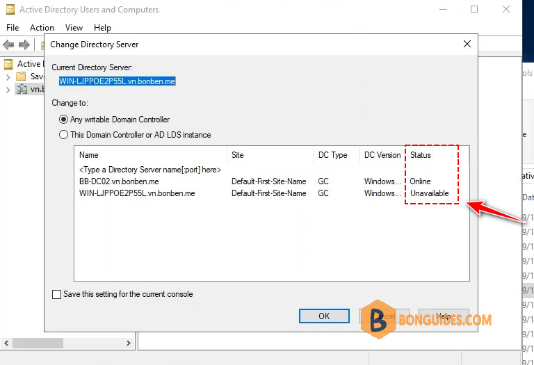Domain Controller Status Unavailable When Changing Directory Server