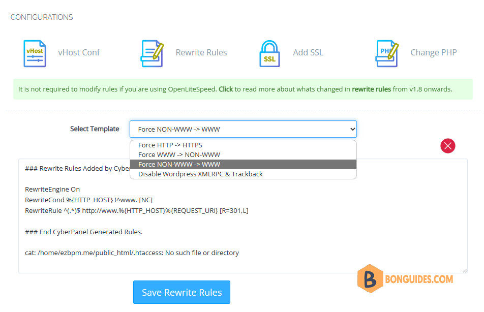 How to Redirect Non-www to www In CyberPanel