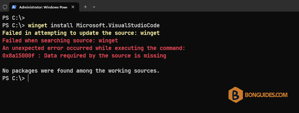 How to Fix Winget Error 0x8a15000f : Data Required By The Source is Missing