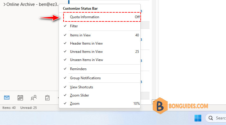 How to Show the Quota Information in Outlook Status Bar?