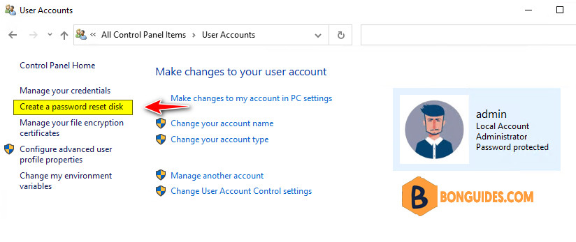 Fix Create a Password Reset Disk Link Not Working in Windows 10