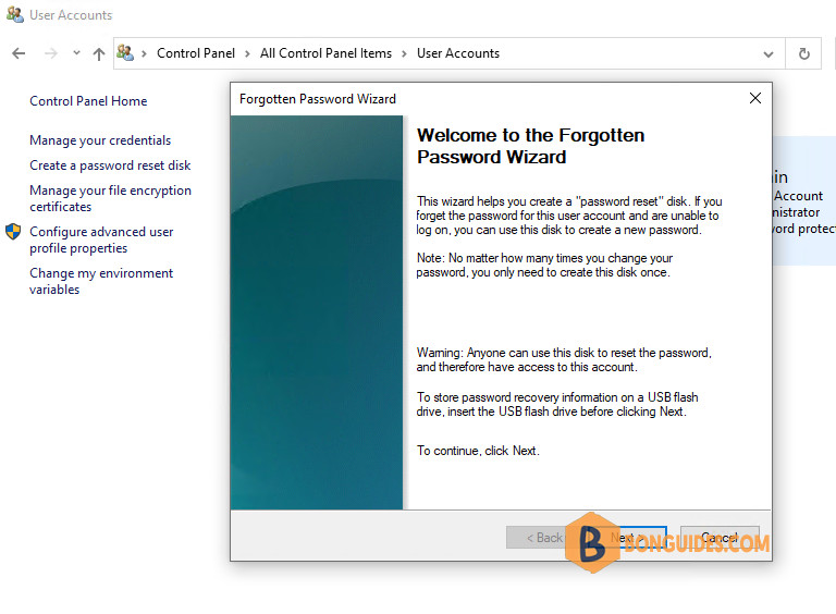 Fix Create a Password Reset Disk Link Not Working in Windows 10
